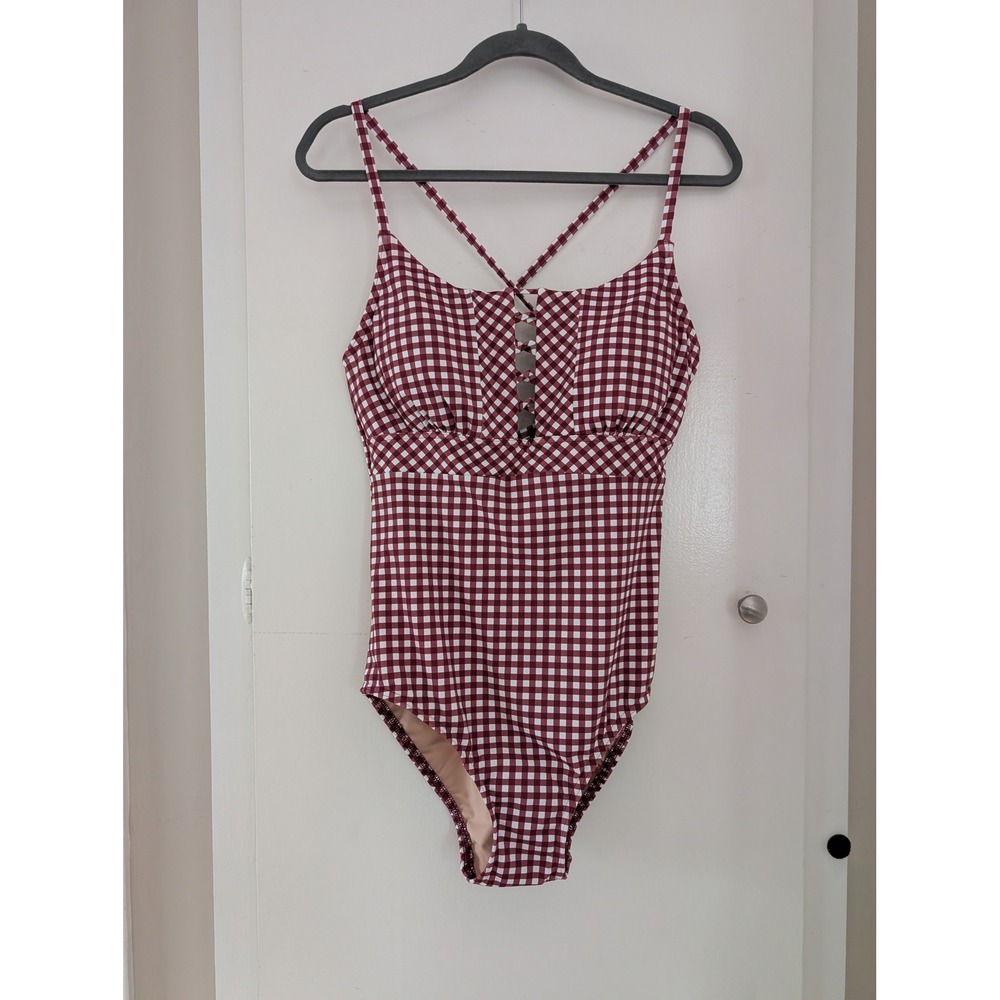 Red Gingham One Piece Swimsuit Lace Up Front Cross Tie Back Cottage Retro New